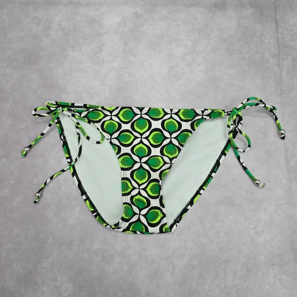 Ingear Green Black White Floral Geometric Tie Bikini Bottom Swimwear‎ Medium